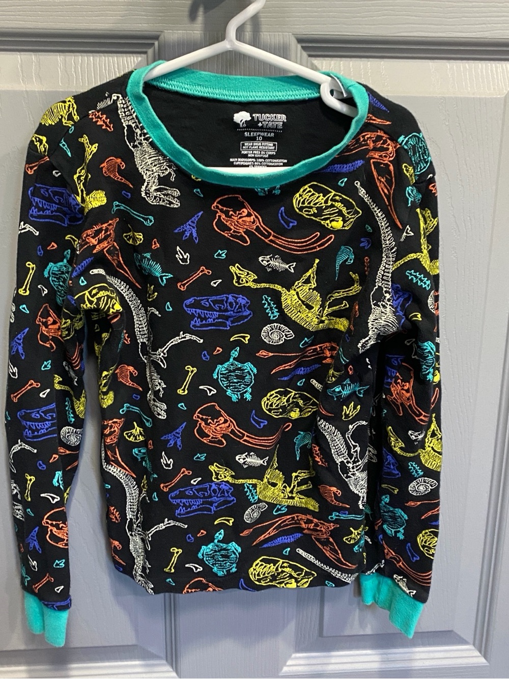 Tucker + Tate Black Long-Sleeve Pajama Top with Neon Dino Prints and Teal Trim